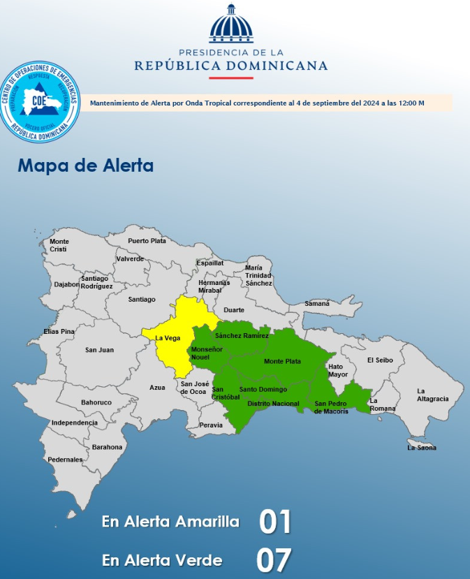 Mantienen La Vega en alerta amarilla; Gran Santo Domingo y otras seis provincias en verde