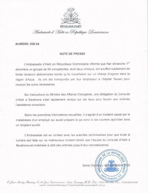 El Gobierno dominicano comunicó formalmente a Haití de la intoxicación de 26 haitianos en Barahona